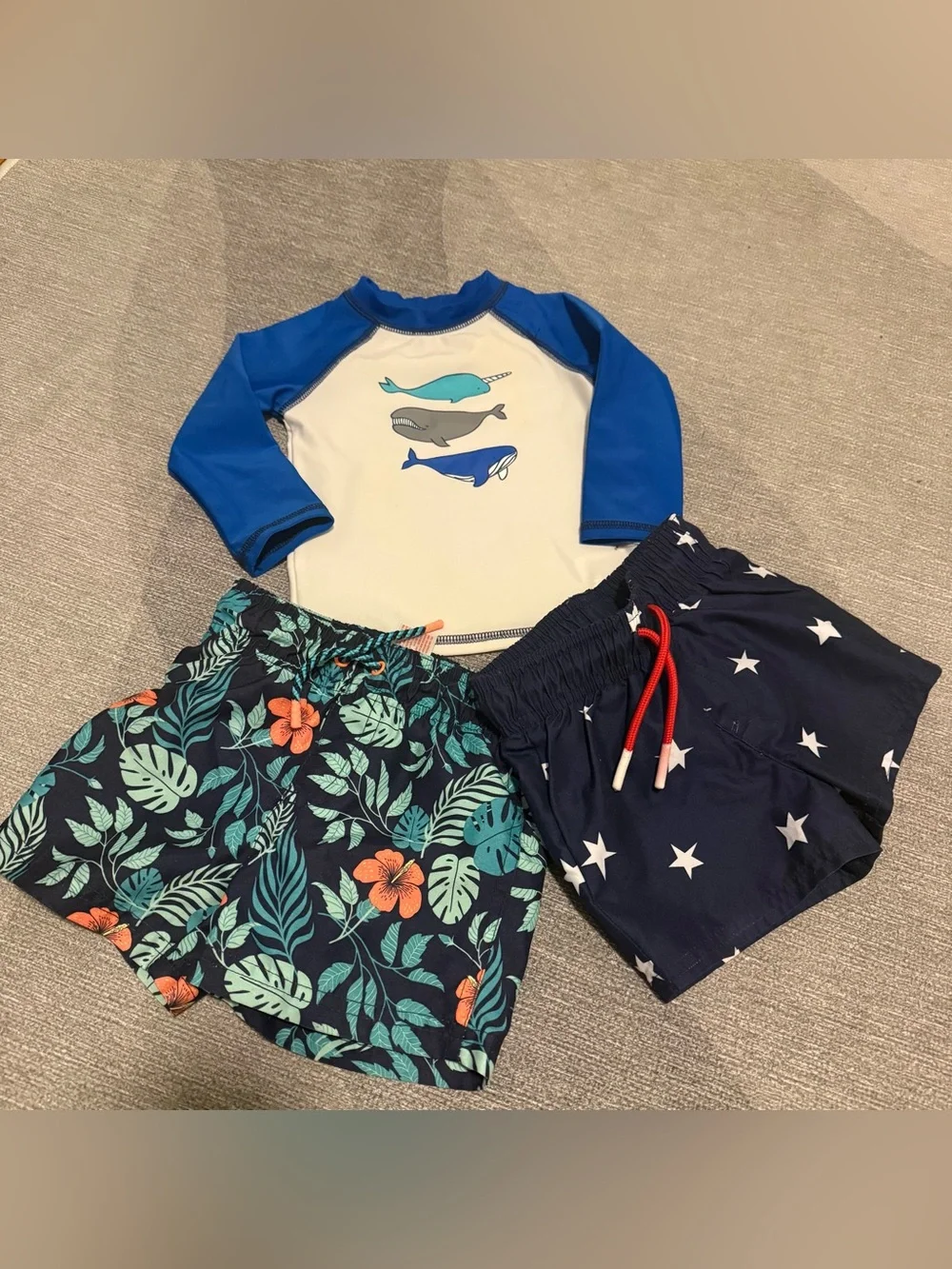Cat & Jack Blue & White Whale Rashguard with Navy Star and Tropical Swim Shorts
